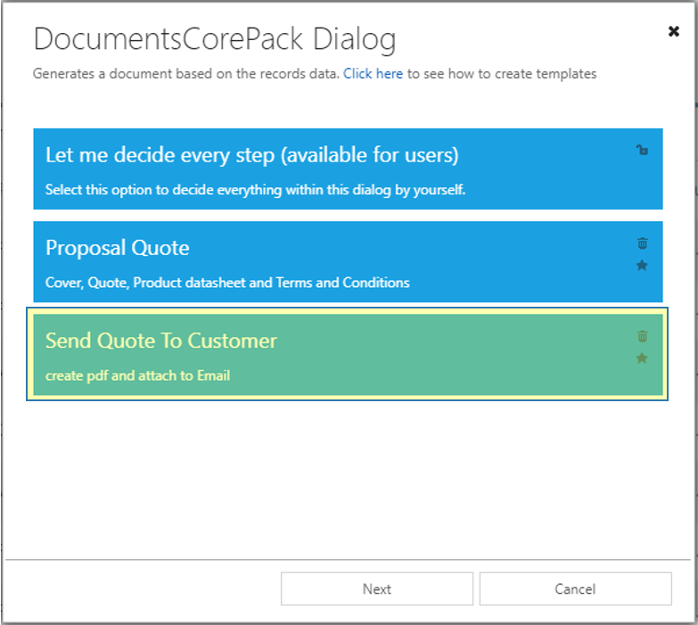 DCP Dialog - available one-click-actions