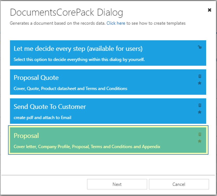  DCP Dialog - available one-click-actions