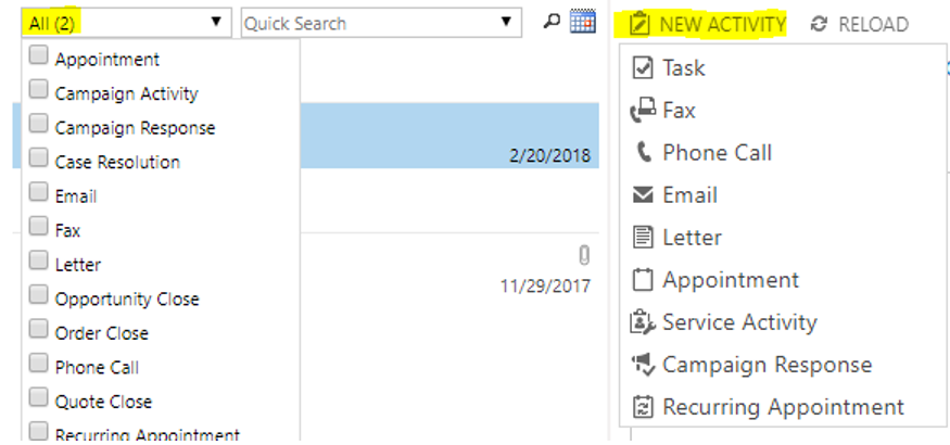 Activity type drop down without custom activity