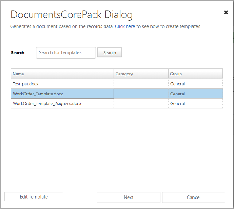 DCP Dialog – select template