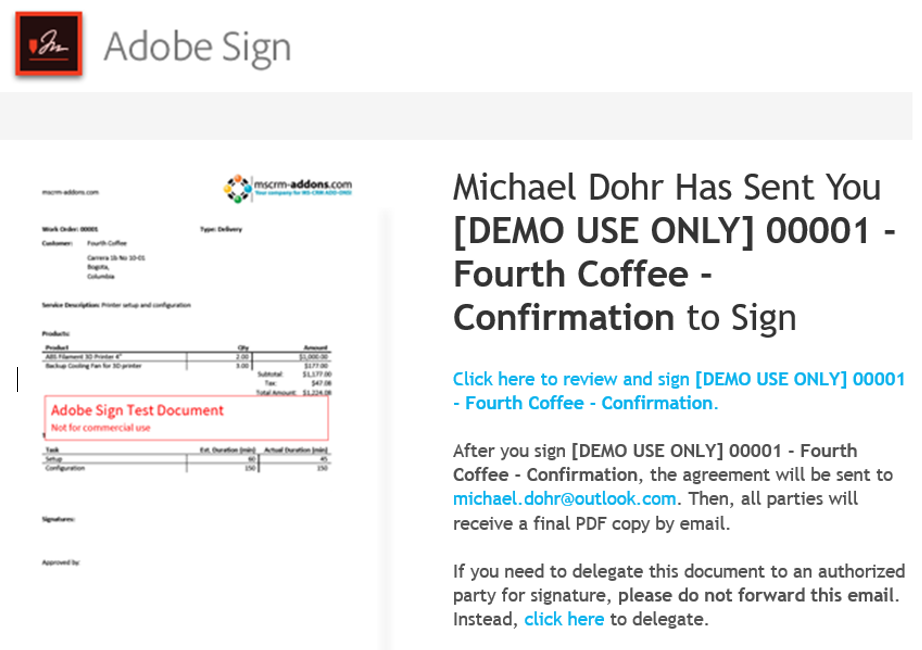 E-mail with link to Adobe Sign document 