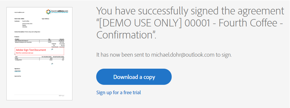 Document successfully signed - message  