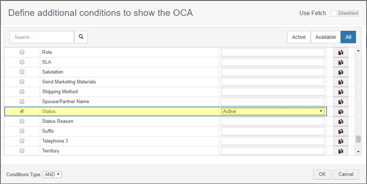 Define additional conditions to show the OCA