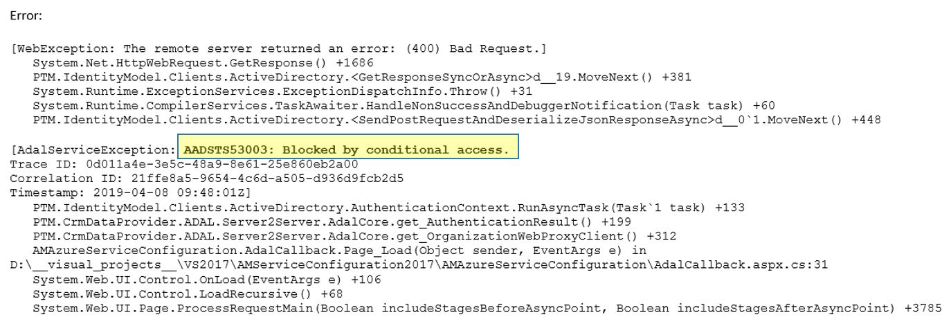 Error message: Blocked conditional access