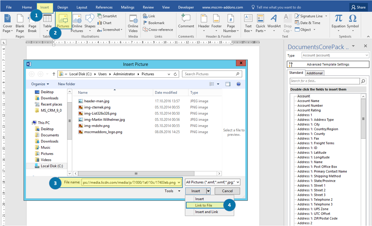 Link to an image in DocumentsCorePack templates 