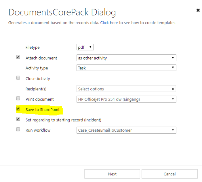 Enable save to SharePoint checkbox