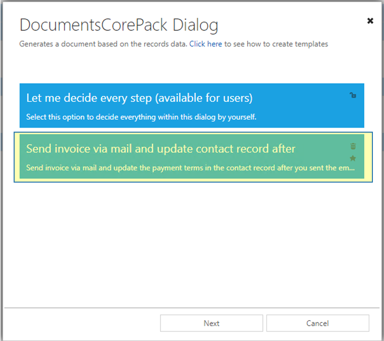 DCP dialog: Available One-Click-Actions
