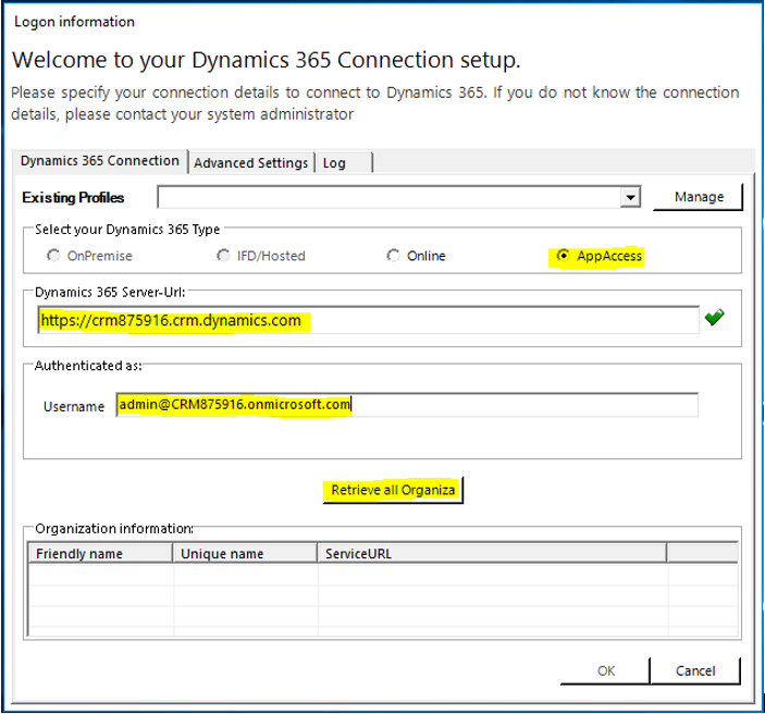 Specify your connection details to connect to Dynamics 365 