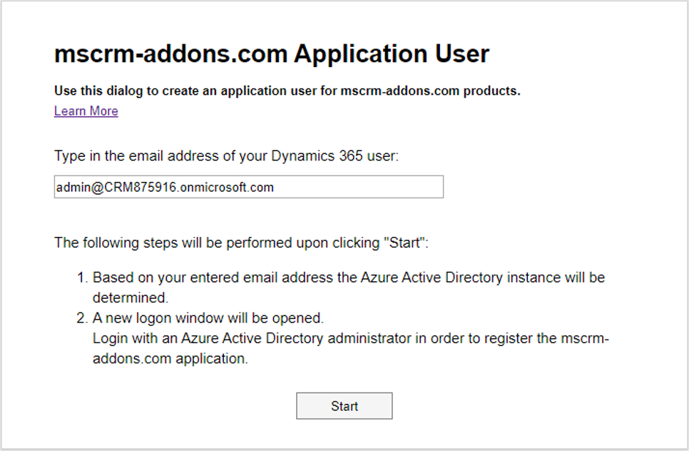 The Application User configuration page